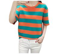 Striped Sleeves Women Round Tunic Neck Blouse Pot Girls T-Shirt Short Women's Blouse Glitter Trousers, Green, L