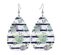 Striped Succulents Leather Earring For Women Teardrop Dangle Printed Fashion Accessories Daily Wear Party