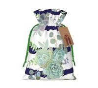 (Striped succulents) Printed Christmas M Size Gift Bags with Green Ribbon Drawstring Candy Bags for Kids Xmas Holiday Christmas Eve Presents