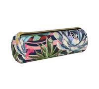 Striped Succulents Printed Leather Pencil Case Round Pen Pencil Pouch Office Large Pencil Bag Stationery Box for Men Women Teens Students
