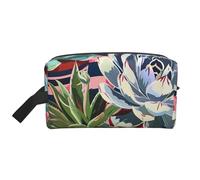 Striped Succulents Printed Makeup Bag Travel Portable Cosmetic Bag Large Capacity Makeup Case Toiletry Handbag Organiser for Women