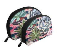 Striped Succulents Printed Makeup Bags 2-Piece Portable Shell Travel Toiletry Bag Cosmetic Organizer Bag for Women