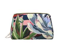 Striped Succulents Printed Small Makeup Bag Portable Leather Make up Bag Travel Zipper Cosmetic Bags Organizer for Women