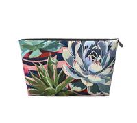 Striped Succulents Printed Travel Cosmetic Bags with Silver Zipper Makeup Organizer Cosmetic Case Toiletry Bag for Women Mom Girls