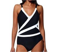 Striped Swimsuits for Women One Piece Sexy V Neck Swimwear Tummy Control High Cut Color Bloack Monokini Push Up Holiday Bikini Beach Surfing Bathing Suit Swimming Costumes Ladies UK Black