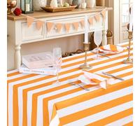 Striped Tablecloth Tangerine Yellow and White Tablecloth - 57 x 84 Inch Waterproof Table Cloth Rectangle Polyester Table Cover for Birthday Wedding Spring Holiday Father's Day Party Decoration