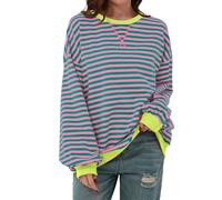 Striped Top Women's Oversize Striped Sweatshirts & T-Shirt, Cotton Crew Neck Sweatshirt Long Sleeve Casual Loose Pullover Y2K Shirt Tops, 1 pink, L