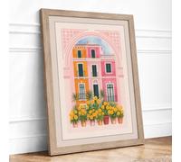 Striped Townhouse Cottagecore Framed Wall Art Print A3 (42×29.7cm) Oak, Wall Decor for Living Room, Bedroom, Office & Home, Ready to Hang, Art Gift