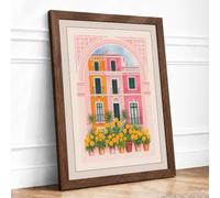 Striped Townhouse Cottagecore Framed Wall Art Print A3 Walnut | Ready to Hang, Premium Gi Paper, Fade-Resistant Inks, Securely Packaged, UK Made