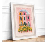 Striped Townhouse Cottagecore Framed Wall Art Print A3 White | Ready to Hang, Premium Gi Paper, Fade-Resistant Inks, Securely Packaged, UK Made