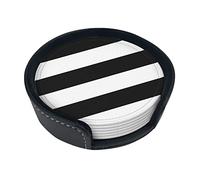 Stripes Black White Coasters For Drinks, 6 Pcs Leather Coaster With Holder, Round Cup Mat Pad Set For Home And Kitchen 3.9 Inches