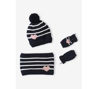 Stripes/Hearts Beanie + Snood + Mittens/Fingerless Mitts Set for Girls navy blue