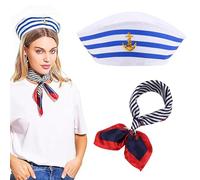 Stripes Sailor Hat and Scarf Set, Captain Sailor Costume Set, Blue and White Striped Sailor Captains Hat and Red Edge Blue Square Scarf for Costume Accessory