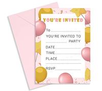Strivee Rose Gold Balloon Invitations for Kids | Pink Children's Birthday Party Invites (30 Pack)