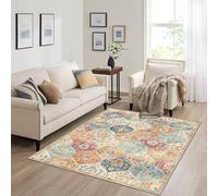 Strloepr Area Rugs 5 x 5 ft,Orange Teal Floral Vintage Cream Grey Decor,Multicolour,155 x 155 cm, Washable Rug for Living Room Bedroom Bedside Farmhouse Dining Carpet