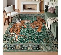 Strloepr Extra Large Rugs 6.5 x 9.8 ft,Modern Black Orange Tiger Print Vintage Floral,Green,200 x 300 cm, Washable Rug Living Room Farmhouse Home Decoration Aesthetic Carpet