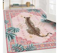 Strloepr Small Rugs 2 x 3 ft,Multicoloured Retro Floral Modern Leopard Print Pink, Green, Brown, 60 x 90 cm, Washable Rug for Entryway Indoor Entrance Kitchen Mat Living Bedroom,