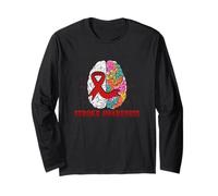 Stroke Awareness Red Ribbon Colorful Brain Stroke Prevention Long Sleeve T-Shirt