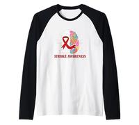 Stroke Awareness Red Ribbon Colorful Brain Stroke Prevention Raglan Baseball Tee