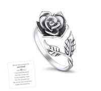 Strong As Fuck Black Rose & Leaf Open Ring, Burned and Survived Self Love Rose Ring, Adjustable Open Handmade Vintage Flower Leaf Rings Inspirational Jewelry Gifts for Women