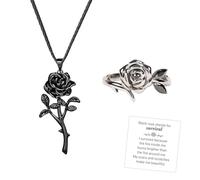 Strong As Fuck Black Rose Ring Necklace Jewelry Set, Burned and Survived Self-Love Flower Black Ring & Pendant Necklaces, Vintage Gothic Rose Inspirational Jewelry Gifts for Women (9)