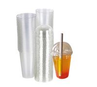 Strong Clear Plastic Smoothie Cups with Dome Lids - Reusable, Crystal Clear, Durable, and Leak-Proof | Perfect for Juices, Milkshakes, Iced Coffee, and Beverages (50, 8oz)