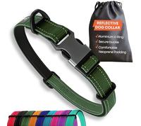 Strong Dog Collar Large Dogs - Green Reflective Adjustable Padded Dogs Collars - Metal Buckle, Aluminium V-ring, Dog Safety
