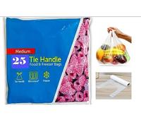 Strong FOOD Tie Handle Resealable Sandwich Freezer Bags Kitchen Storage Bags. For Fresh Food, Vegetables, Fruit, Meat, Meal Prep, Sandwiches For Home & Travel Use Freezer Safe (25, White, Medium)