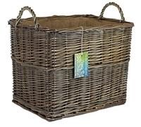 Strong Grey wicker log baskets. Rectangular Natural willow with hessian liner. For storing kindling, shoes, toys (42cm)