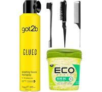 Strong Hold Hairspray, Curl Gel & Slick Back Hair Brush Set | Hair Styling Bundle for Women & Men | Long-Lasting Hold, Shine & Definition for Braids & Edges