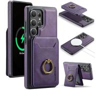 Strong Magnetic Leather Wallet Case for Samsung Galaxy S25 Ultra, Compatible with MagSafe, Shockproof Protective Phone Case Detachable Wallet RFID Blocking Card Holder Ring Grip Stand (Purple)