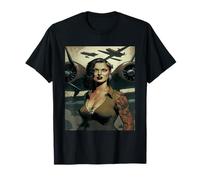 Strong Military Pinup Woman with Tattoos Airplane Retro Art T-Shirt