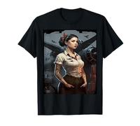 Strong Military Pinup Woman With Tattoos Airplane Retro Art T-Shirt
