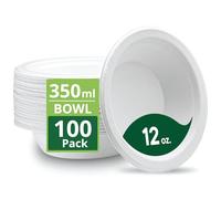 Strong Paper Bowls (350ml / 100 Pack) Disposable Compostable White Bagasse Bowls for Party - Biodegradable Eco-Friendly Microwavable Soup Bowl for Dessert Milk Salad Cereals - Christmas, Weddings