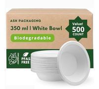 Strong Paper Bowls (350ml / 500 Pack) Disposable Compostable White Bagasse Bowls for Party - Biodegradable Eco-Friendly Microwavable Soup Bowl for Dessert Milk Salad Cereals - Christmas, Weddings