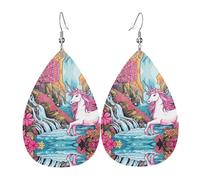 Strong pink unicorns. double-sided printed leather earrings int and shape of water drops, creative, light and novel, bright and vivid colors.