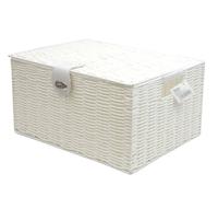 Arpan Large Resin Woven Storage Basket Box With Lid & Lock - White