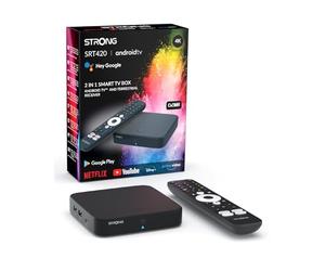 STRONG SRT420 Hybrid Streaming Box Android TV + TNT, 4K, HDR, Dolby® Digital and Dolby® Digital Plus, Chromecast, Voice Assistant Google, Netflix, Disney+, Prime, WiFi, Ethernet, Bluetooth