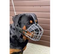 STRONG Wire Metal muzzle Basket Dog Muzzle Rottweiler,Mastiff Golden Retriever & other (R2, Spotted/Black leather)