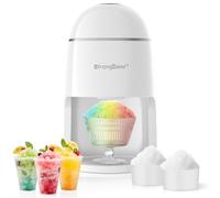 StrongBear - Snow Cone Shaved Ice Maker, Electric Ice Shaver Machine includes 2 reusable plastic ice mold cups, 1 glass cup, 1 mat
