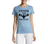 Stronger Than Your Excuses Overhead Press Graphic Crew Neck Cotton Women's T-Shirt Light Blue Medium