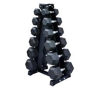 Strongway® Hex Dumbbells Set with Weights Storage Rack Stand Tree 5KG-25KG 2.5-15KG Rubber Coated Cast Iron Weights - Gym Training Weight Lifting Exercise