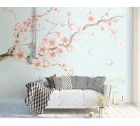 STROXTH WALLPAPER Photo Wallpaper 3D Cherry Blossom Tree 150cmx105cm Abstract Hand-Painted Cherry Blossoms and Flying Birds Indoor Wall Decoration Giant Poster Mural