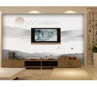 STROXTH WALLPAPER Photo Wallpaper 3D Chinese Landscape Scenery 300cmx210cm Black-and-White Natural Mountain ranges Ocean Sunset Indoor Wall Decoration Giant Poster Mural