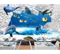 STROXTH WALLPAPER Photo Wallpaper 3D Dolphins in The Ocean 400cmx280cm White Brick Wall Blue Seascape Indoor Wall Decoration Giant Poster Mural