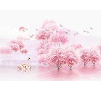 STROXTH WALLPAPER Photo Wallpaper 3D Japanese Cherry Blossoms 400cmx280cm Artistic Pink Peach Blossom Forest with Swan Landscape Indoor Wall Decoration Giant Poster Mural