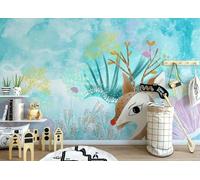 STROXTH WALLPAPER Photo Wallpaper 3D Red Flowers 200cmx140cm Hand-Painted Deer Flowers Blue Children's Room Indoor Wall Decoration Giant Poster Mural