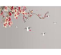STROXTH WALLPAPER Photo Wallpaper 3D Red Flowers 350cmx245cm Chinese Ink-Wash Meticulous Magnolia and Birds Indoor Wall Decoration Giant Poster Mural
