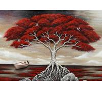 STROXTH WALLPAPER Photo Wallpaper 3D Red Tree 300cmx210cm Retro Tropical Red Forest Flying Birds Indoor Wall Decoration Giant Poster Mural