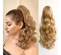 Strrid 16 Inch Blonde Ponytail Extensions with Ponytail Clips Wavy Synthetic Hair Curly with Clip for Women 170g Bleached Blonde Mix